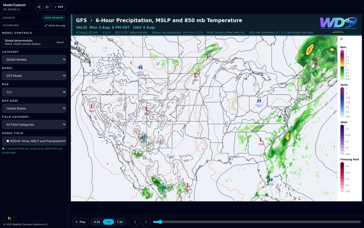 Model Explorer showing a live GFS precipitation, MSLP, and 850mb temperature composite over the United States