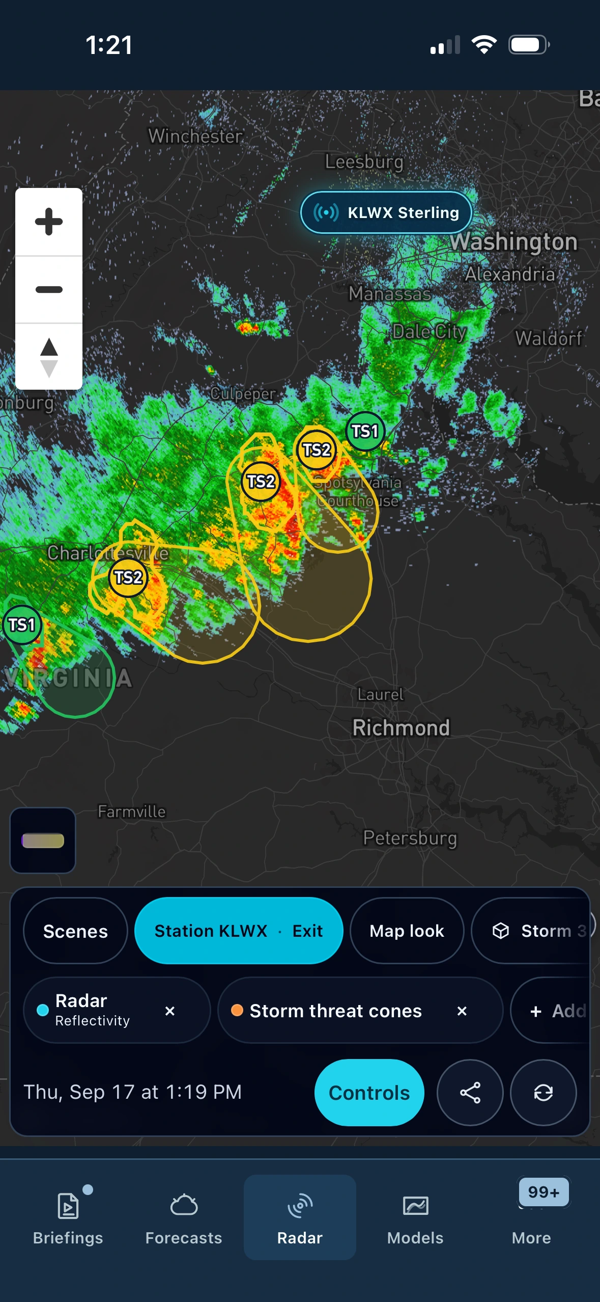 Live radar with precipitation, lightning, and alert polygons on the 4070 mobile app