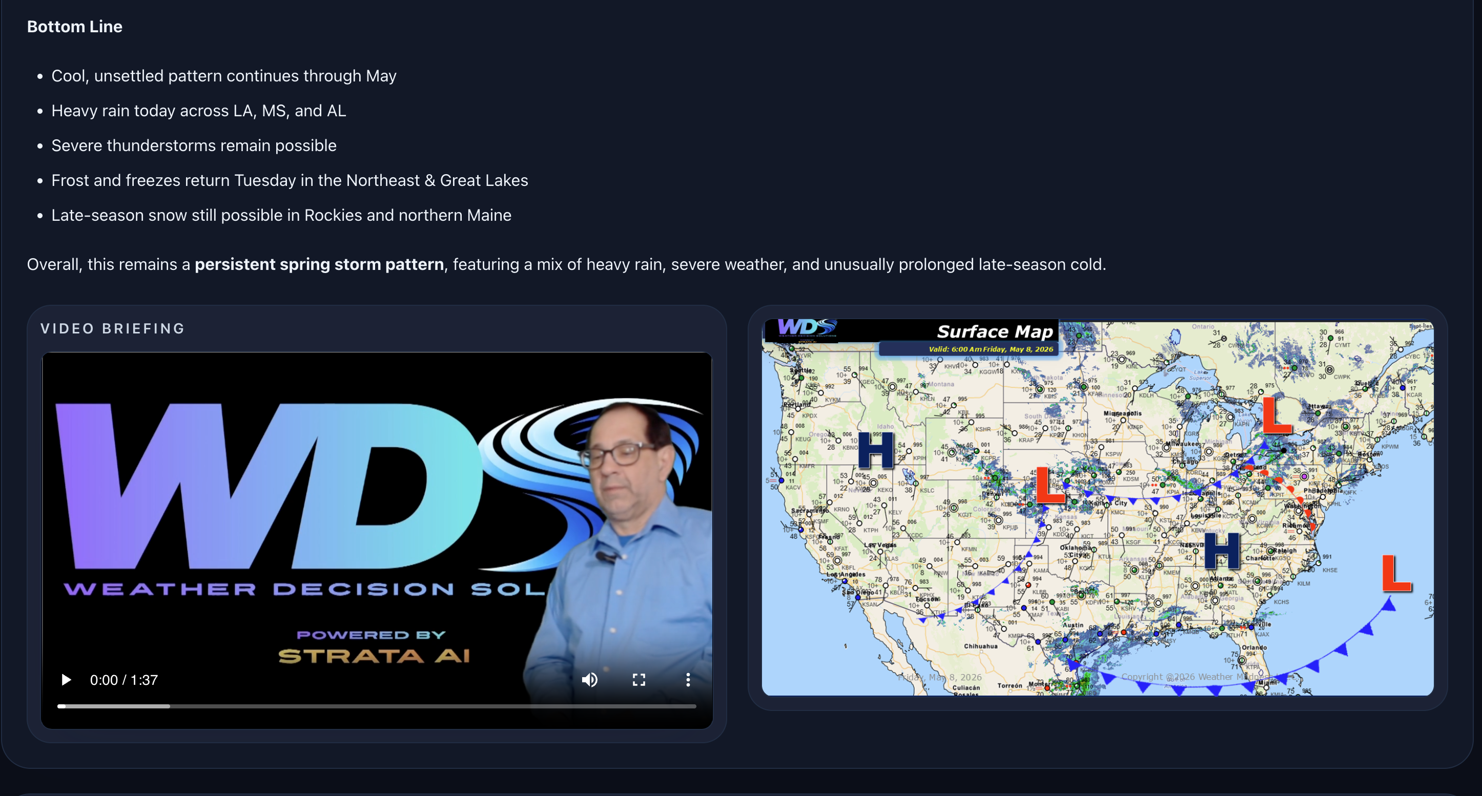 The Strata Weather Portal daily video discussion with bottom-line bullets, a video briefing, and a surface map