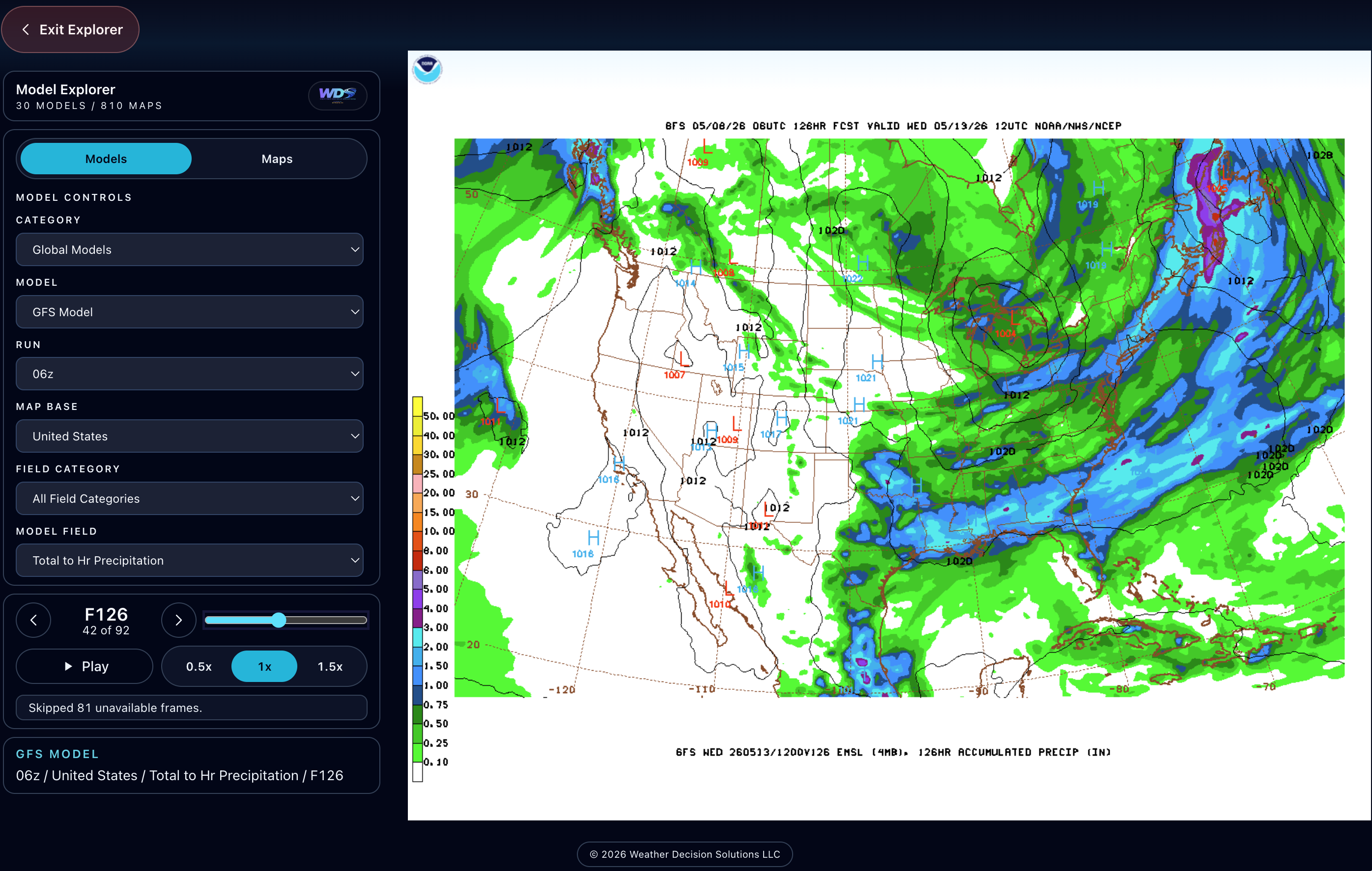 The Strata Weather Portal model explorer showing GFS precipitation guidance and model controls